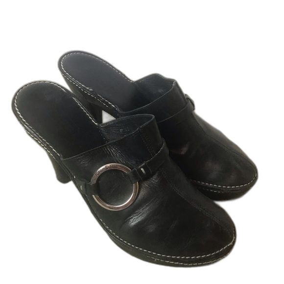 Coach Kaley Black Leather Silver Ring Platform Mule Clog Made in Italy Size 7B - Picture 1 of 6